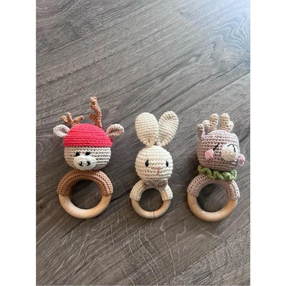 Wooden Baby Rattle, Handcrafted Crochet Bunny Rattles with Wooden Teething Ring